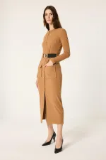 KNITTED DRESS WITH GOLD BUTTONS AND BELT