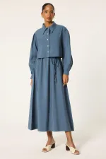 CROP CEKETLİ BELİ BÜZGÜLÜ ELBİSE