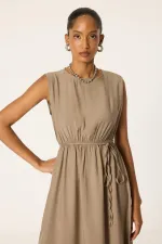 CROP CEKETLİ BELİ BÜZGÜLÜ ELBİSE