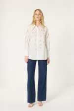 ASİMETRİK YAKA TAŞLI KUPRA GÖMLEK