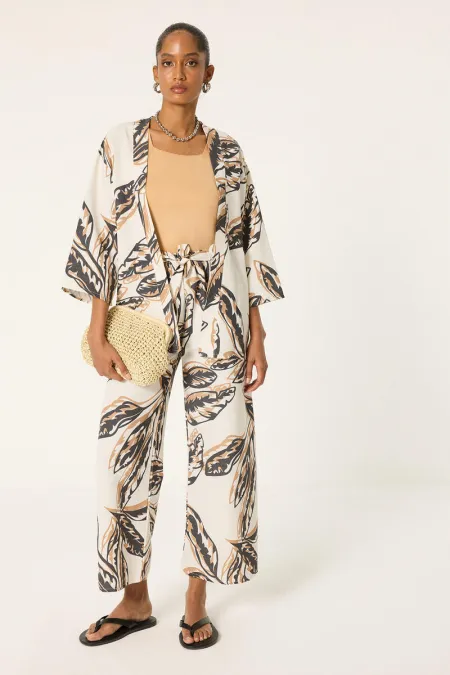 DESENLİ KETEN KİMONO PANTOLON TAKIM