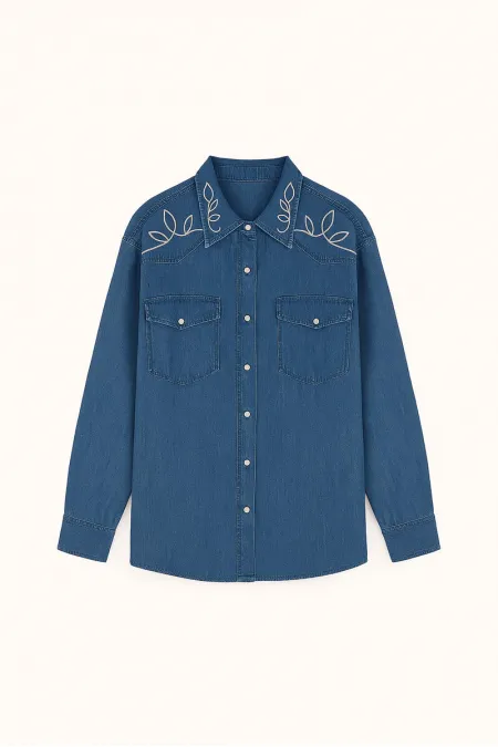 CHEMISE EFFET DENIM AVEC BRODERIE AUX ÉPAULES