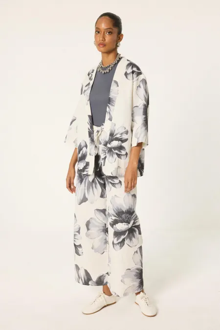 DESENLİ KETEN KİMONO PANTOLON TAKIM