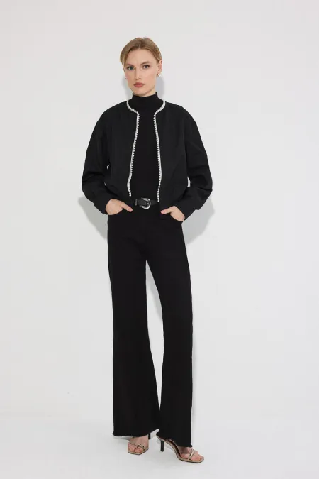 VESTE BOMBER EN LIN ORNÉE DE PERLES