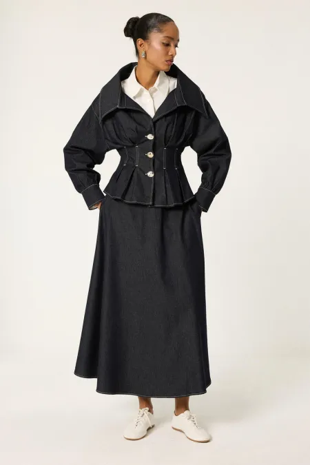 DENİM PİLELİ CEKET ETEK TAKIM