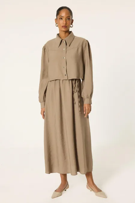 CROP CEKETLİ BELİ BÜZGÜLÜ ELBİSE