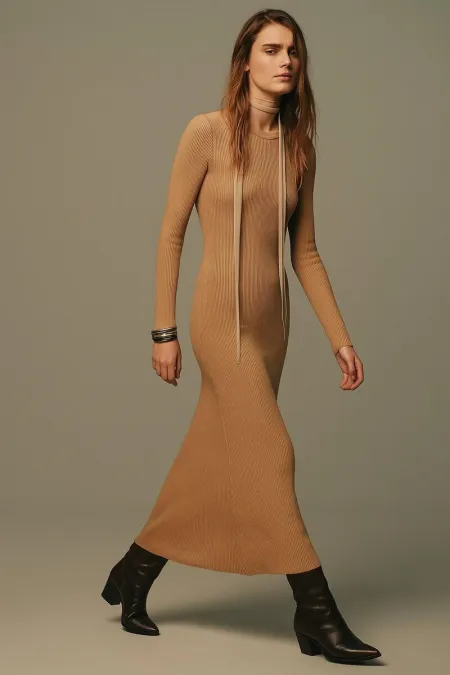 ROBE EN MAILLE À COL ROND CÔTELÉ