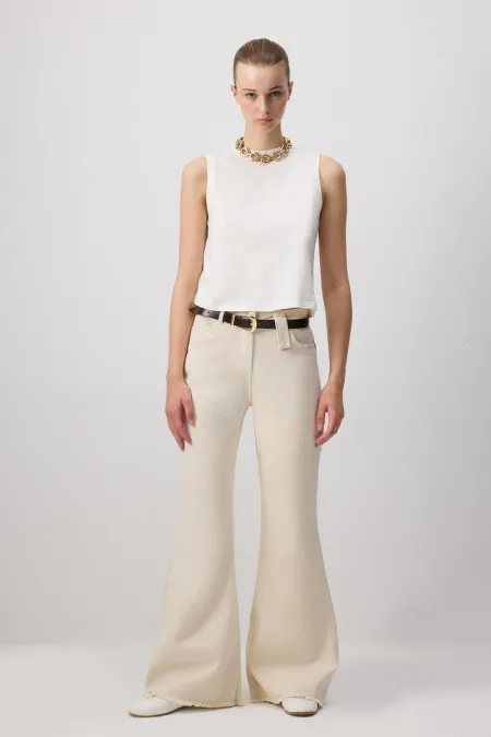 PAÇASI PÜSKÜLLÜ YÜKSEK BEL DENİM PANTOLON