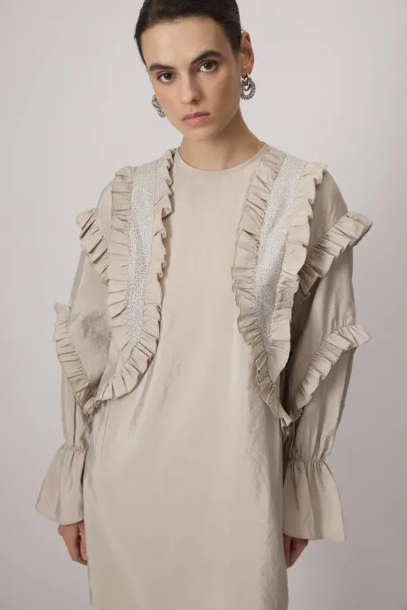 STONE-EMBELLISHED RUFFLED CUPRA TUNIC