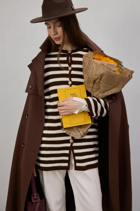 GOLD BUTTONED STRIPED LONG CARDIGAN