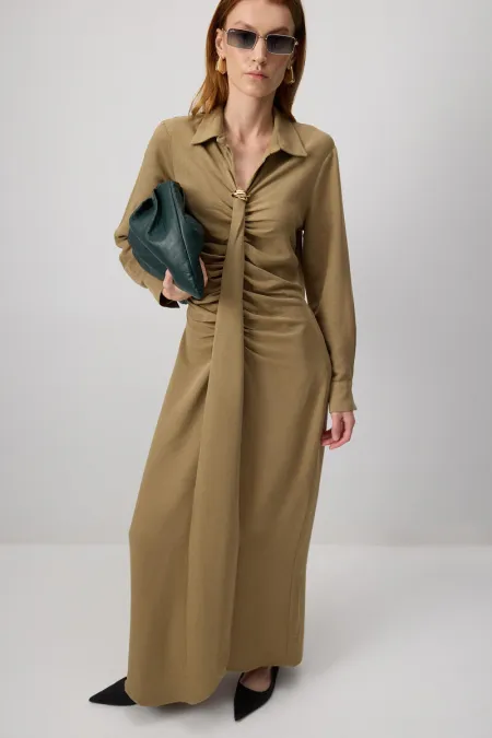 Gathered Dress with Brooch Detail
