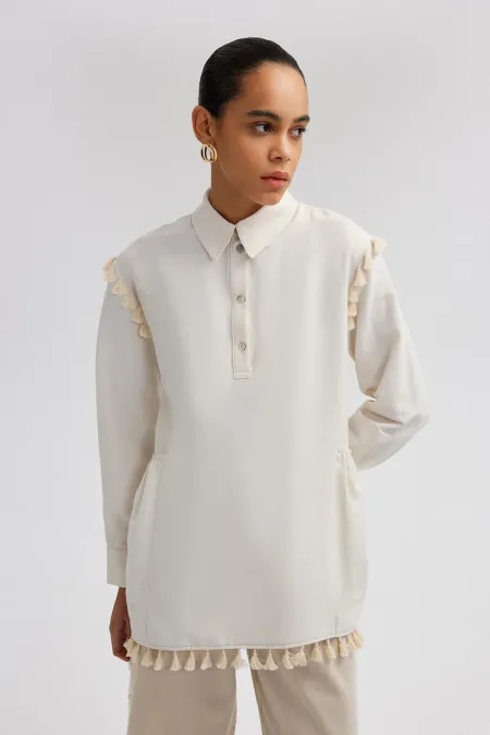 LINEN TEXTURED TUNIC WITH FRINGE DETAILS
