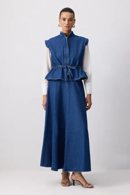 DENIM VEST AND SKIRT SET WITH TIE WAIST DENIM VEST AND SKIRT SET WITH TIE WAIST