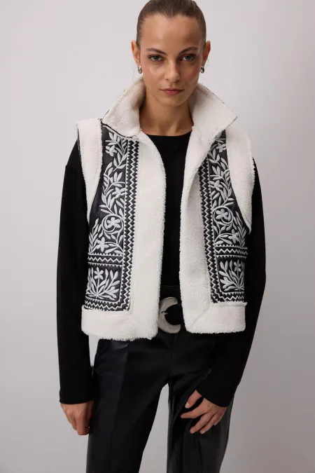 VEGAN LEATHER EMBROIDERED FUR VEST VEGAN LEATHER EMBROIDERED FUR VEST