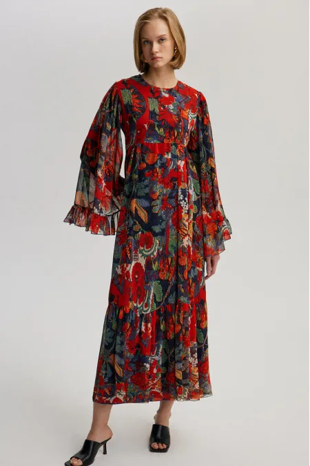 RUFFLE DETAIL PATTERNED CHIFFON DRESS