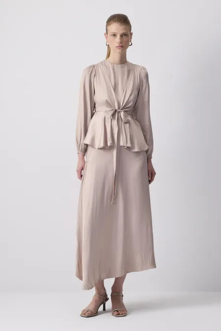 FRONT-TIE SATIN BLOUSE AND SKIRT SET