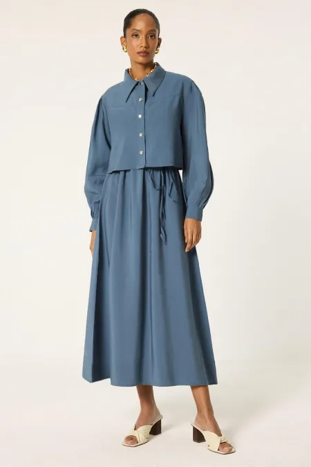 CROP CEKETLİ BELİ BÜZGÜLÜ ELBİSE