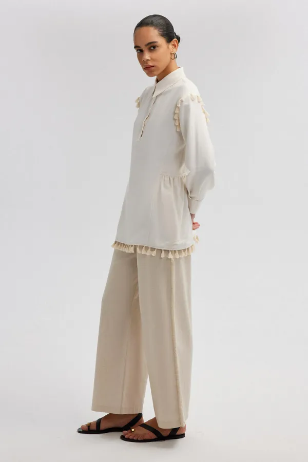 LINEN TEXTURED TUNIC WITH FRINGE DETAILS LINEN TEXTURED TUNIC WITH FRINGE DETAILS