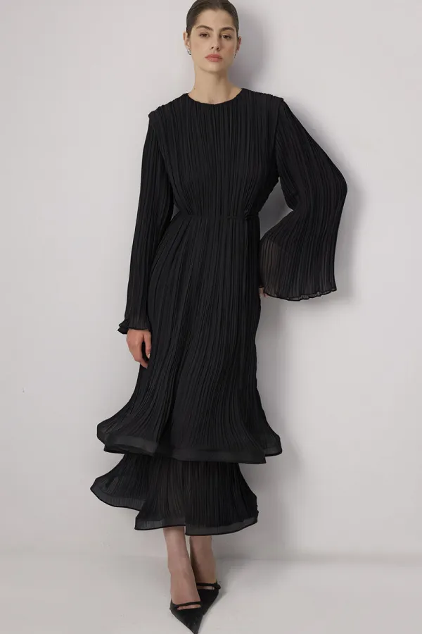 BİYE KEMERLİ PİLİSELİ ŞİFON ELBİSE