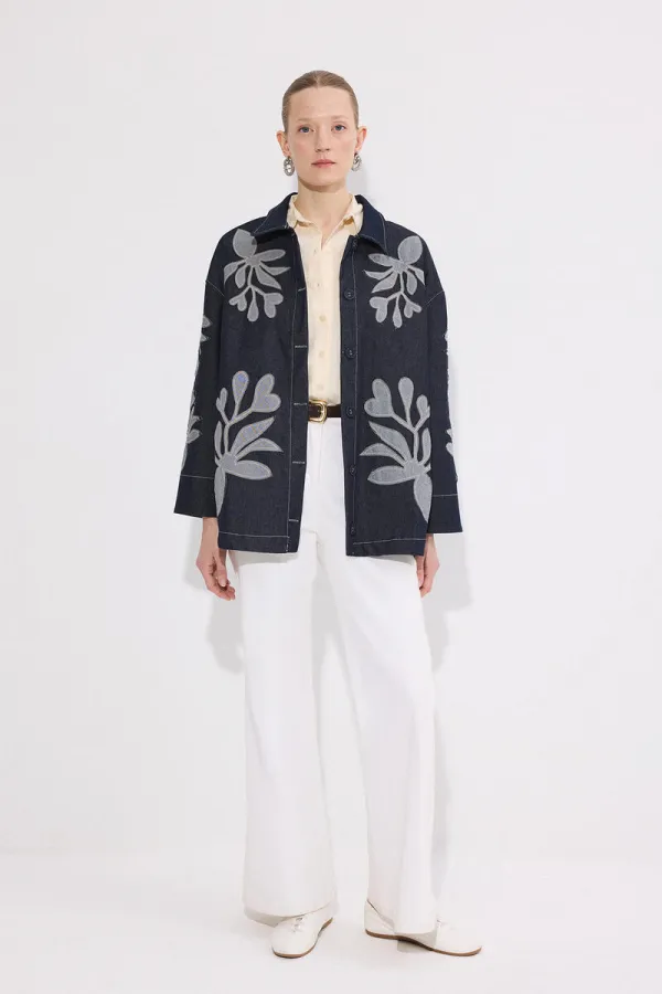 APLİKE NAKIŞLI  KEMERLİ DENİM CEKET