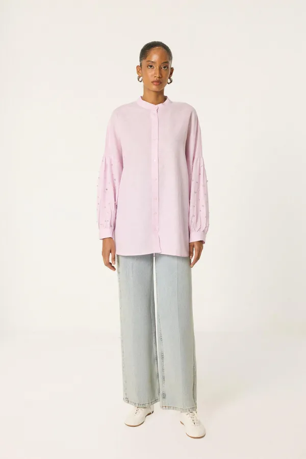 BALLOON SLEEVE STONE EMBELLISHED RELAX SHIRT