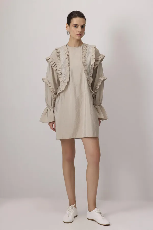 STONE-EMBELLISHED RUFFLED CUPRA TUNIC