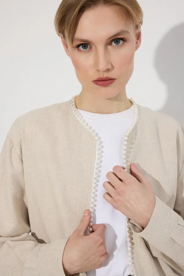 VESTE BOMBER EN LIN ORNÉE DE PERLES