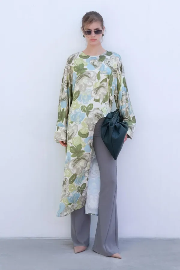 LONG SATIN TUNIC WITH FRONT SLIT