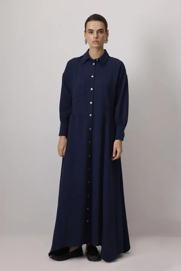 KETEN DOKULU SEDEF DÜĞMELİ ELBİSE