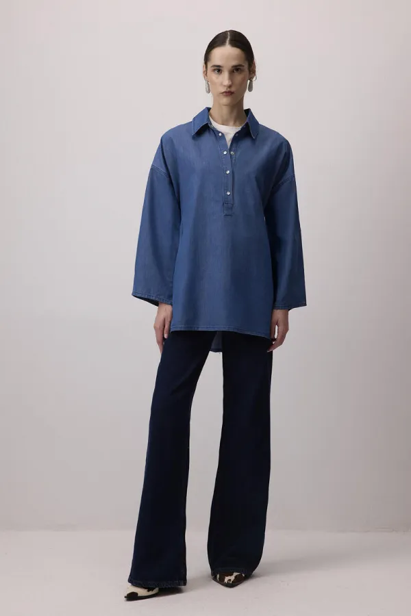 DENIM EFFECT SHIRT COLLAR TUNIC