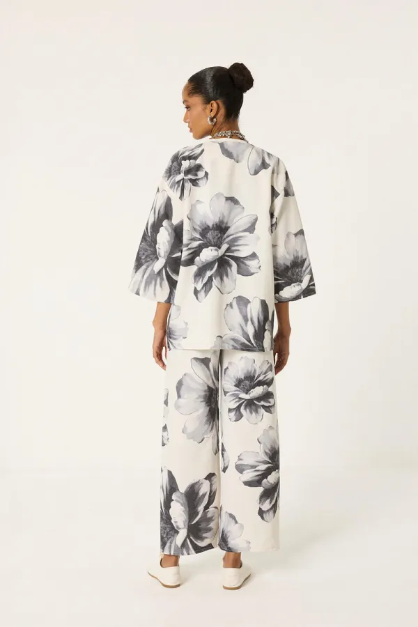 DESENLİ KETEN KİMONO PANTOLON TAKIM