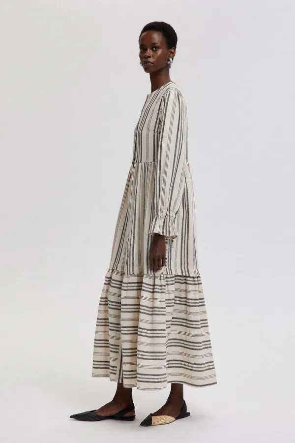 NATUREL DOKULU ÇİZGİLİ ELBİSE