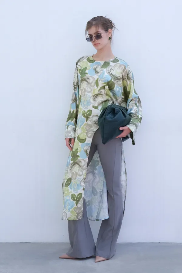 LONG SATIN TUNIC WITH FRONT SLIT