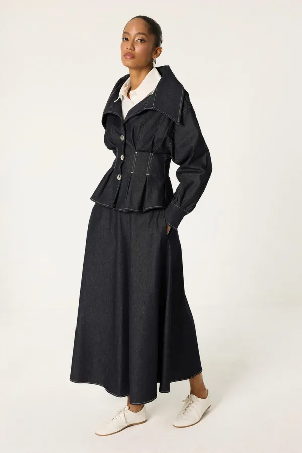 DENİM PİLELİ CEKET ETEK TAKIM