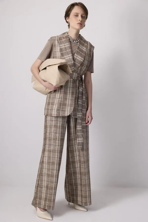 100% Linen Plaid Vest and Trousers Set