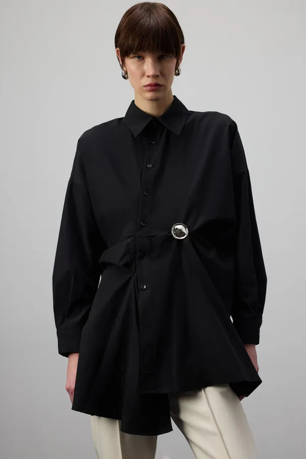 PLEATED ASYMMETRICAL POPLIN SHIRT