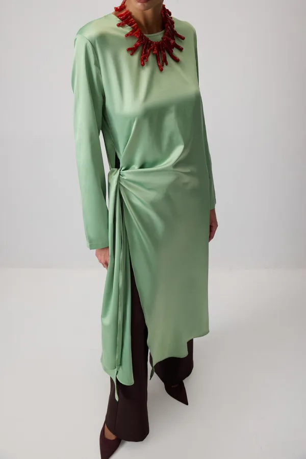 LONG SATIN TUNIC WITH TIE DETAIL LONG SATIN TUNIC WITH TIE DETAIL