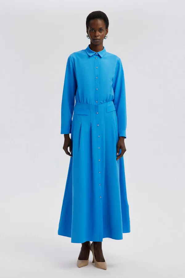 PLEATED LINEN DRESS WITH BUTTON DETAIL