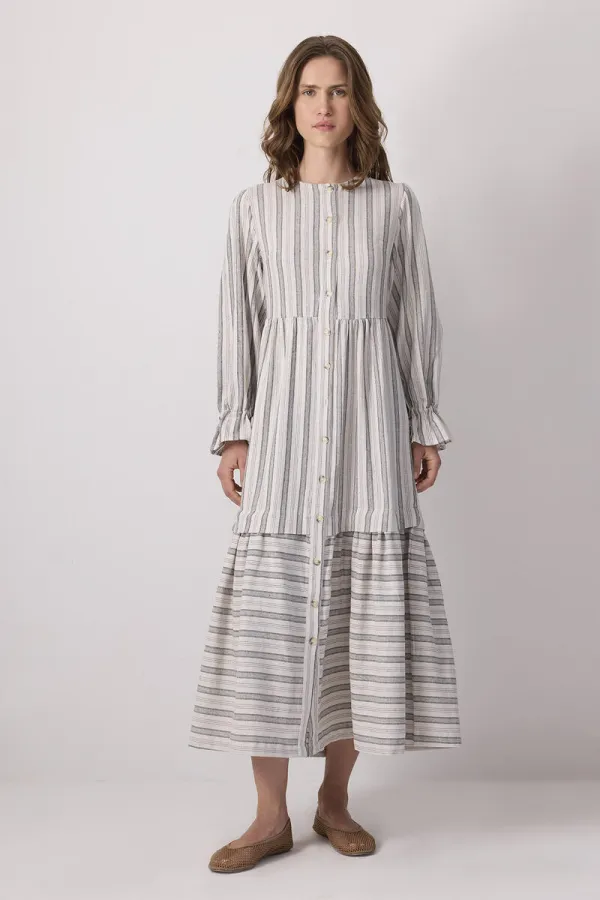 NATUREL DOKULU ÇİZGİLİ ELBİSE