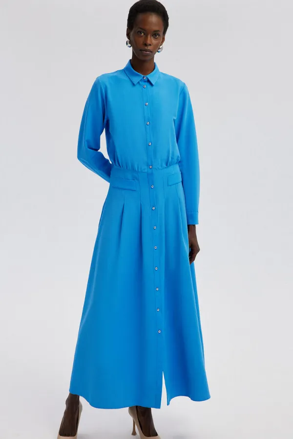 PLEATED LINEN DRESS WITH BUTTON DETAIL