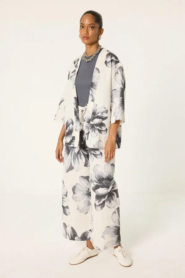 DESENLİ KETEN KİMONO PANTOLON TAKIM