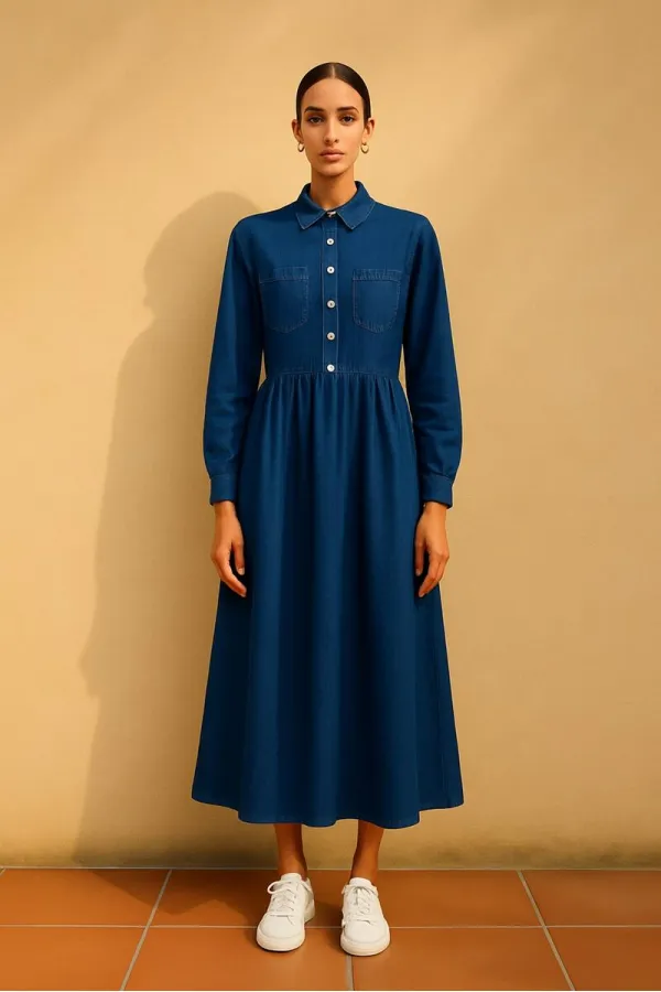 CEP DETAYLI DENİM ELBİSE