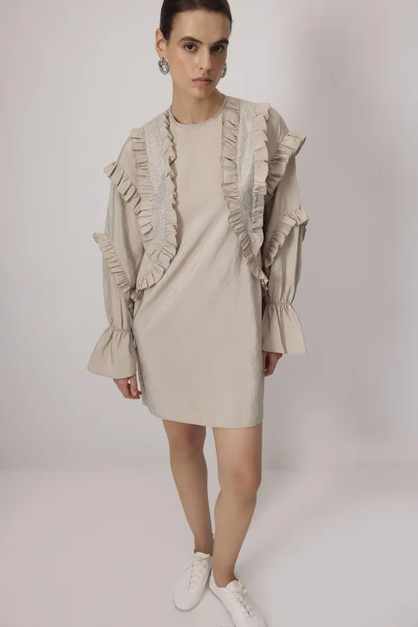 STONE-EMBELLISHED RUFFLED CUPRA TUNIC