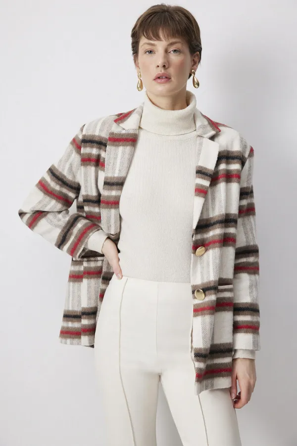 VESTE BLAZER À BOUTONS DORÉS À CARREAUX