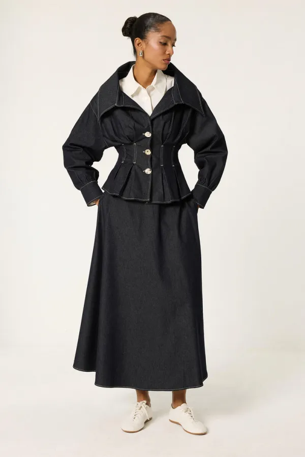 DENİM PİLELİ CEKET ETEK TAKIM