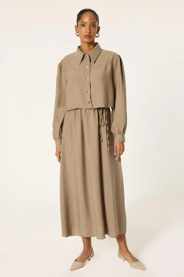 CROP CEKETLİ BELİ BÜZGÜLÜ ELBİSE