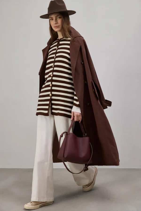 GOLD BUTTONED STRIPED LONG CARDIGAN