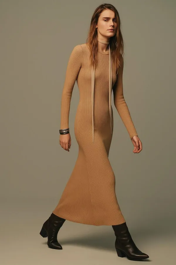 ROBE EN MAILLE À COL ROND CÔTELÉ