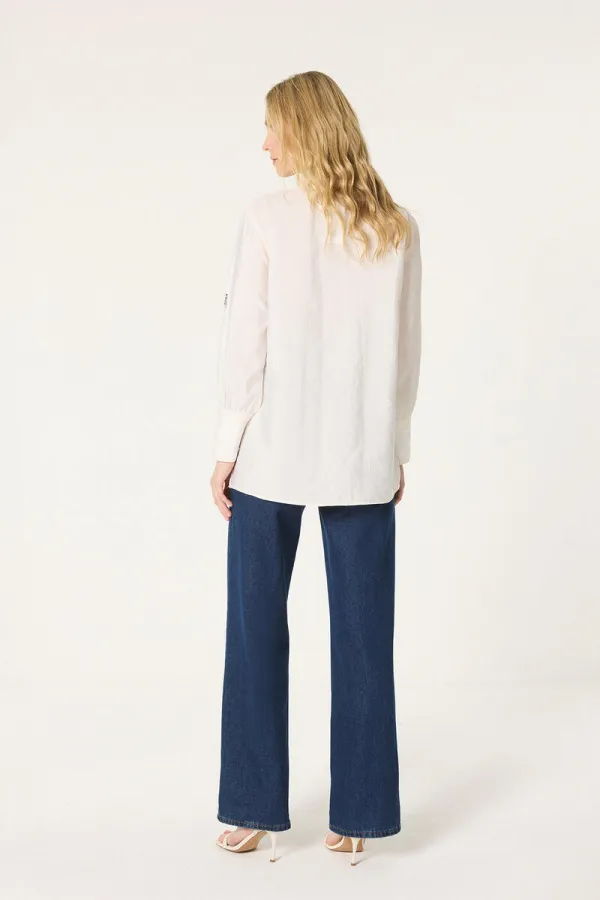 ASİMETRİK YAKA TAŞLI KUPRA GÖMLEK