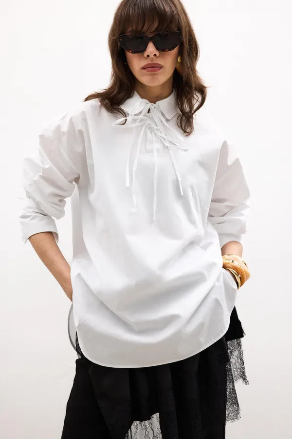 Tunique à col chemise et passepoil 100 % coton